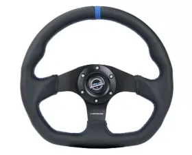 NRG Reinforced Steering Whl - 320MM Sport Leather Flat Bottom Blue Center Mark Blue Stitching
