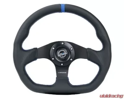 NRG Reinforced Steering Whl - 320MM Sport Leather Flat Bottom Blue Center Mark Blue Stitching - RST-024MB-R-BL