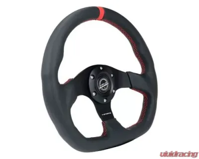 NRG Reinforced Steering Whl - 320MM Sport Leather Flat Bottom Red Center Mark Red Stitching - RST-024MB-R-RD