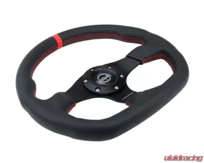 NRG Reinforced Steering Whl - 320MM Sport Leather Flat Bottom Red Center Mark Red Stitching - RST-024MB-R-RD