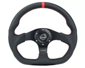 NRG Reinforced Steering Whl - 320MM Sport Leather Flat Bottom Red Center Mark Red Stitching