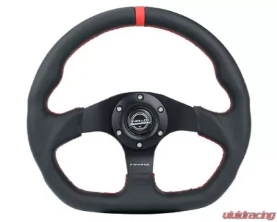 NRG Reinforced Steering Whl - 320MM Sport Leather Flat Bottom Red Center Mark Red Stitching - RST-024MB-R-RD