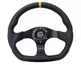 NRG Reinforced Steering Whl - 320MM Sport Leather Flat Bottom Yellow Center Mark