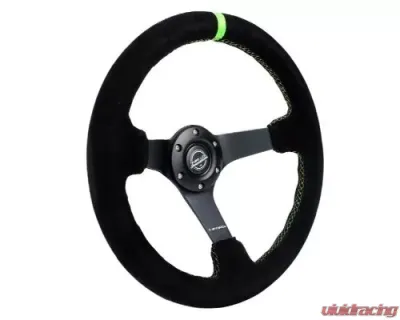 NRG Reinforced Steering Whl - 3" Deep 5MM Matte Black Spoke 350MM Sport Steering Whl Black Suede Neon Green Baseball Stitching Neon Green Center Mark - RST-036MB-S-GN