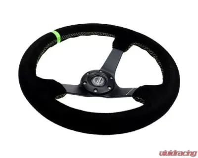 NRG Reinforced Steering Whl - 3" Deep 5MM Matte Black Spoke 350MM Sport Steering Whl Black Suede Neon Green Baseball Stitching Neon Green Center Mark - RST-036MB-S-GN