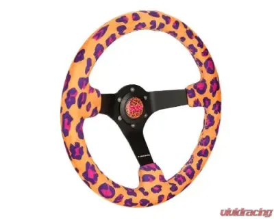 NRG Reinforced Steering Whl - 350MM Sport Steering Whl 3' Deep Savage Orange Leopard Printed Micro Fiber Vegan Material Matte Black Spoke - RST-036MB-SV-OR