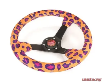 NRG Reinforced Steering Whl - 350MM Sport Steering Whl 3' Deep Savage Orange Leopard Printed Micro Fiber Vegan Material Matte Black Spoke - RST-036MB-SV-OR