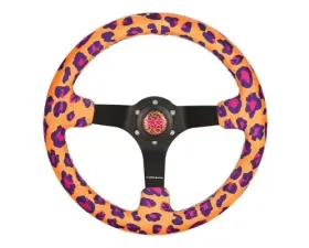 NRG Reinforced Steering Whl - 350MM Sport Steering Whl 3' Deep Savage Orange Leopard Printed Micro Fiber Vegan Material Matte Black Spoke