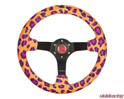 NRG Reinforced Steering Whl - 350MM Sport Steering Whl 3' Deep Savage Orange Leopard Printed Micro Fiber Vegan Material Matte Black Spoke - RST-036MB-SV-OR
