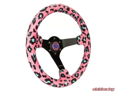 NRG Reinforced Steering Whl - 350MM Sport Steering Whl 3' Deep Savage Pinkleopard Printed Micro Fiber Vegan Material Matte Black Spoke - RST-036MB-SV-PK