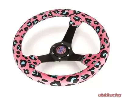 NRG Reinforced Steering Whl - 350MM Sport Steering Whl 3' Deep Savage Pinkleopard Printed Micro Fiber Vegan Material Matte Black Spoke - RST-036MB-SV-PK