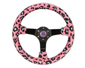 NRG Reinforced Steering Whl - 350MM Sport Steering Whl 3' Deep Savage Pinkleopard Printed Micro Fiber Vegan Material Matte Black Spoke
