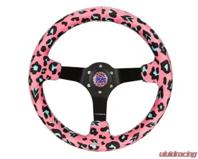 NRG Reinforced Steering Whl - 350MM Sport Steering Whl 3' Deep Savage Pinkleopard Printed Micro Fiber Vegan Material Matte Black Spoke - RST-036MB-SV-PK