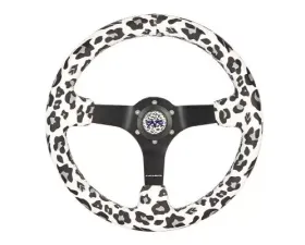 NRG Reinforced Steering Whl - 350MM Sport Steering Whl 3' Deep Savage Whiteleopard Printed Micro Fiber Vegan Material Matte Black Spoke