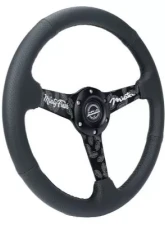 NRG 350MM Sport Steering Whl 1.5' Deep Black Perforated Leather Black Stitching - Matte Black Solid Spokes Minty Fresh Miata Logo Etched                                     - RST-037MB-MF - Image 2