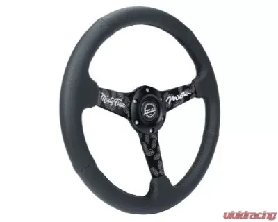 NRG 350MM Sport Steering Whl 1.5' Deep Black Perforated Leather Black Stitching - Matte Black Solid Spokes Minty Fresh Miata Logo Etched - RST-037MB-MF