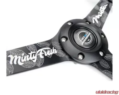 NRG 350MM Sport Steering Whl 1.5' Deep Black Perforated Leather Black Stitching - Matte Black Solid Spokes Minty Fresh Miata Logo Etched - RST-037MB-MF
