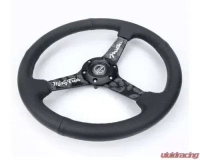 NRG 350MM Sport Steering Whl 1.5' Deep Black Perforated Leather Black Stitching - Matte Black Solid Spokes Minty Fresh Miata Logo Etched - RST-037MB-MF