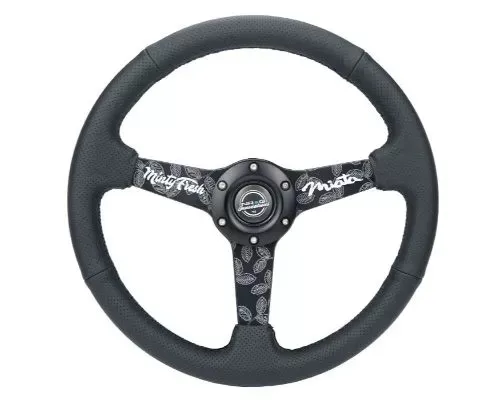 NRG 350MM Sport Steering Whl 1.5' Deep Black Perforated Leather Black Stitching - Matte Black Solid Spokes Minty Fresh Miata Logo Etched - RST-037MB-MF