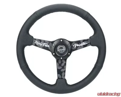 NRG 350MM Sport Steering Whl 1.5' Deep Black Perforated Leather Black Stitching - Matte Black Solid Spokes Minty Fresh Miata Logo Etched - RST-037MB-MF