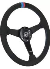 NRG 350MM Sport Steering Whl 1.5' Deep Black Perforated Leather M3 Stitching - Matte Black Solid Spokes Minty Fresh Miata Logo Etched                                     - RST-037MB-SA-M3 - Image 2