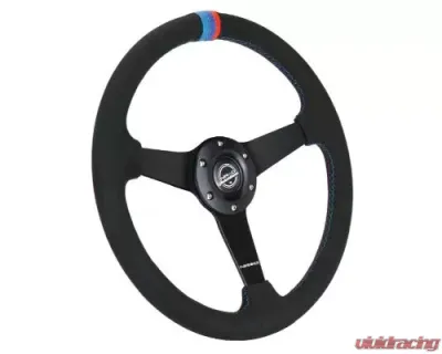 NRG 350MM Sport Steering Whl 1.5' Deep Black Perforated Leather M3 Stitching - Matte Black Solid Spokes Minty Fresh Miata Logo Etched - RST-037MB-SA-M3