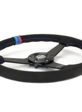 NRG 350MM Sport Steering Whl 1.5' Deep Black Perforated Leather M3 Stitching - Matte Black Solid Spokes Minty Fresh Miata Logo Etched                                     - RST-037MB-SA-M3 - Image 4
