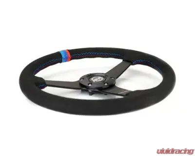 NRG 350MM Sport Steering Whl 1.5' Deep Black Perforated Leather M3 Stitching - Matte Black Solid Spokes Minty Fresh Miata Logo Etched - RST-037MB-SA-M3