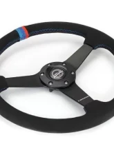 NRG 350MM Sport Steering Whl 1.5' Deep Black Perforated Leather M3 Stitching - Matte Black Solid Spokes Minty Fresh Miata Logo Etched                                     - RST-037MB-SA-M3 - Image 3
