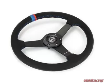 NRG 350MM Sport Steering Whl 1.5' Deep Black Perforated Leather M3 Stitching - Matte Black Solid Spokes Minty Fresh Miata Logo Etched - RST-037MB-SA-M3