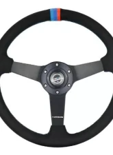 NRG 350MM Sport Steering Whl 1.5' Deep Black Perforated Leather M3 Stitching - Matte Black Solid Spokes Minty Fresh Miata Logo Etched                                     - RST-037MB-SA-M3 - Image 4