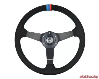 NRG 350MM Sport Steering Whl 1.5' Deep Black Perforated Leather M3 Stitching - Matte Black Solid Spokes Minty Fresh Miata Logo Etched - RST-037MB-SA-M3