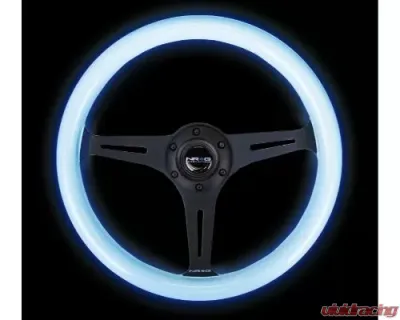 NRG Classic Wood Grain Whl - 350MM 3 Black Spokes- Glow-In-The-Dark Blue Color - ST-015BK-GL/BL