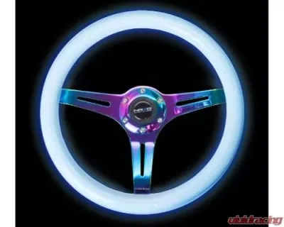 NRG Classic Wood Grain Whl - 350MM 3 Neochrome Spokes - Glow-In-The-Dark Blue Color - ST-015MC-GL/BL