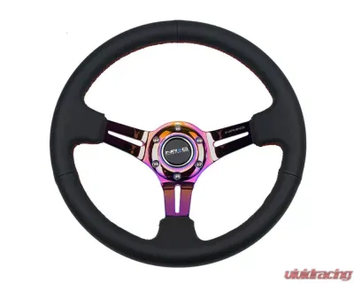 NRG 350mm Sport Steering Wheel Leather 3" Deep Red Stitch w/ Slits Neochrome - RST-018R-MCRS