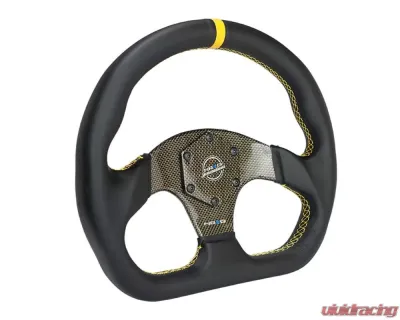 NRG Yellow 320mm Flat Bottom Carbon Fiber Center Leather Steering Wheel - ST-024CF/YL