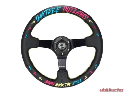 NRG Reinforced Steering Wheel - Oak Tree Outlaws 3in Deep/5mm Blk Spk 350mm Wheel - Black Perforated Leather - RST-036MB-OTOL-TRI