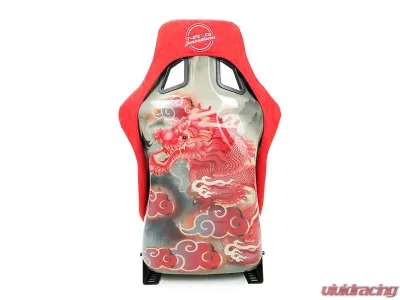 NRG FRP Bucket Seat (Large) Red Alcantara material with Dragon Livery on the Back - FRP-302RD-DRGN-R