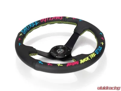 NRG Reinforced Steering Wheel - Oak Tree Outlaws 3in Deep/5mm Blk Spk 350mm Wheel - Black Perforated Leather - RST-036MB-OTOL-TRI