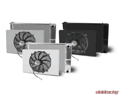 AFCO Aluminum Satin Radiator & Shroud Single Satin Shroud Double Pass w/ Transcooler Chevrolet Truck & Blazer w/ LSX Motor 1973-1987 - 84242-S-SS-Y