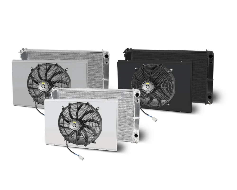 AFCO Aluminum Satin Radiator &amp; Shroud Single Black Shroud Double Pass Crossflow w/ Transcooler GM A Body Cars w/ LSX 1968-1977 - 84253-S-SB-Y