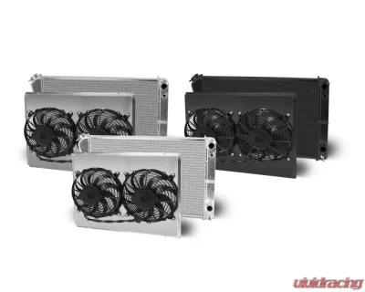 AFCO Aluminum Black Radiator &amp; Shroud Dual Black Shroud Double Pass Crossflow GM A Body Cars w/ LSX 1968-1977 - 84253-B-DB-N