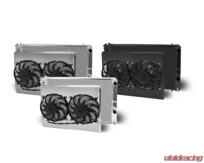 AFCO Aluminum Black Radiator &amp; Shroud Dual Black Shroud LSX Double Pass Crossflow Chevrolet Camaro w/ LSX 1970-1981 - 84255-B-DB-N