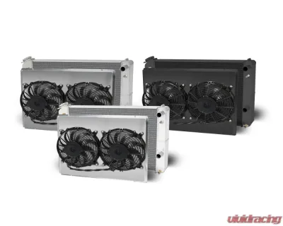 AFCO Aluminum Black Radiator &amp; Shroud Dual Black Shroud Double Pass w/ Transcooler Chevrolet Camaro w/ LSX 1982-1992 - 84257-B-DB-Y