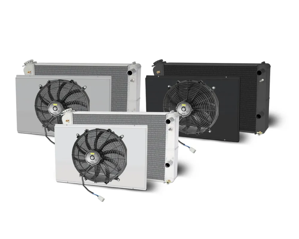 AFCO Aluminum Satin Radiator &amp; Shroud Single Polish Shroud Double Pass w/ Transcooler Chevrolet Camaro w/ LSX 1982-1992 - 84257-S-SP-Y