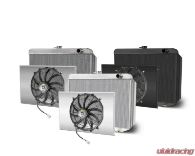 AFCO 26" Wide Aluminum Black Radiator &amp; Shroud Mopar Passenger Inlet Single Satin Shroud Downflow Mopar A, B &amp; E Body - 84295-B-SS-N