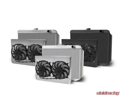 AFCO 26" Wide Aluminum Satin Radiator & Shroud Mopar Passenger Inlet Dual Polished Shroud Downflow w/ Transcooler Mopar A, B & E Body - 84295-S-DP-Y