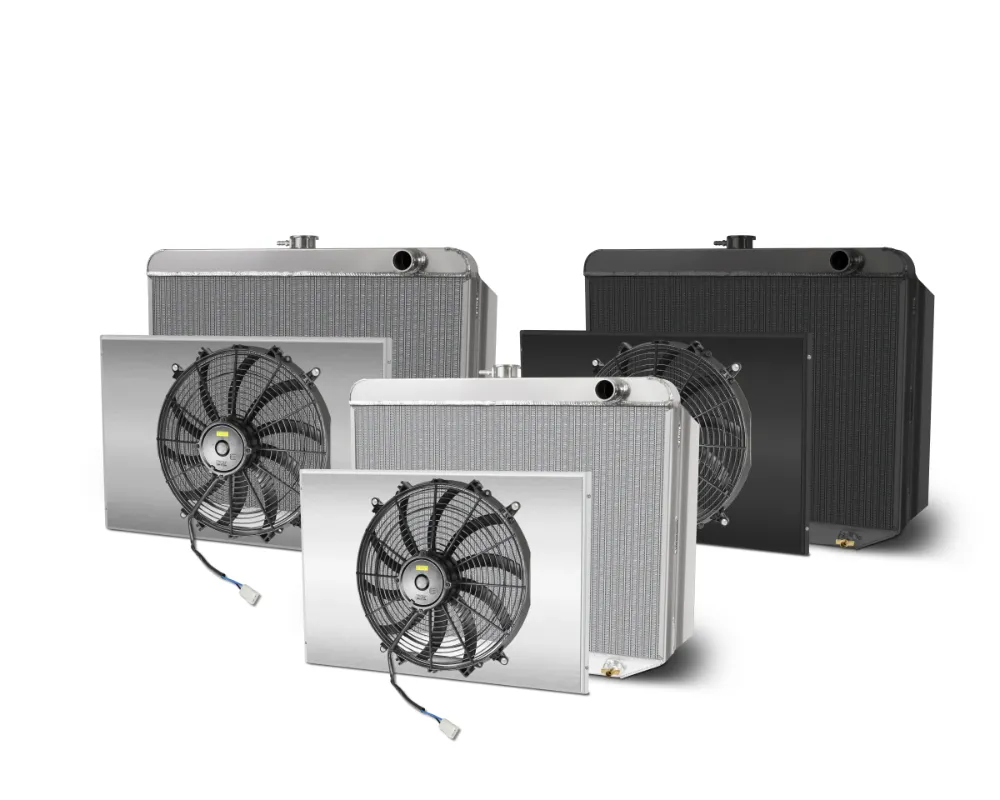 AFCO Aluminum Radiator 22 1/4" W x 22" T Driver's Side Inlet Single Fan &amp; Shroud Kit Satin Down Flow Mopar A, B &amp; E Body - 84296-S-SS-N