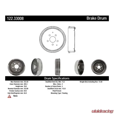 Centric Premium Brake Drum 122.33008 - 122.33008