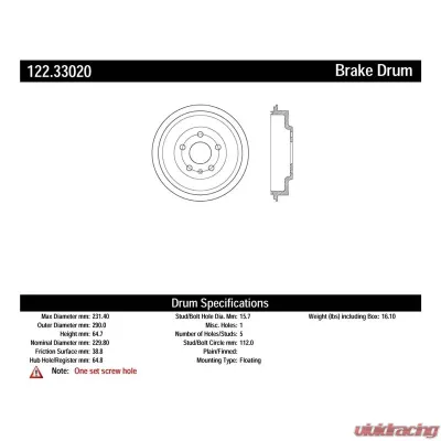 Centric Premium Brake Drum 122.33020 - 122.33020